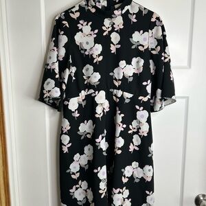 Kate Spade Posey Black Floral Swing Dress Sz 8 Bell Sleeve Mock Neck A-Line 6182